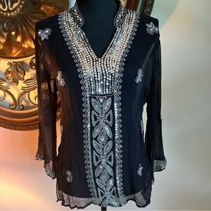 Saint Tropez West Women’s Sheer Black 100% Silk Tunic Top Hand Sewn Sequins M
